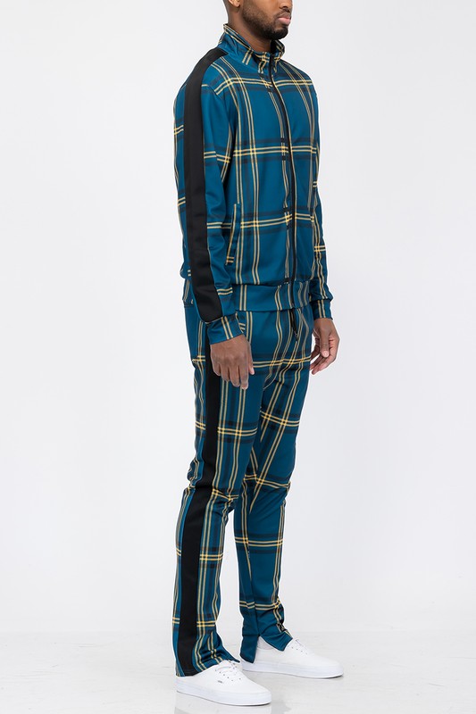 PLAID CHECKERED FULL ZIP TRACK PANTS SET