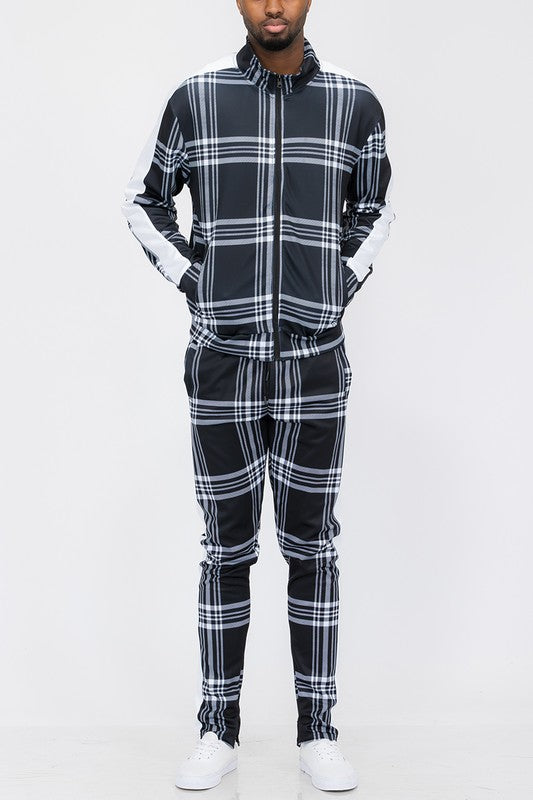 PLAID CHECKERED FULL ZIP TRACK PANTS SET