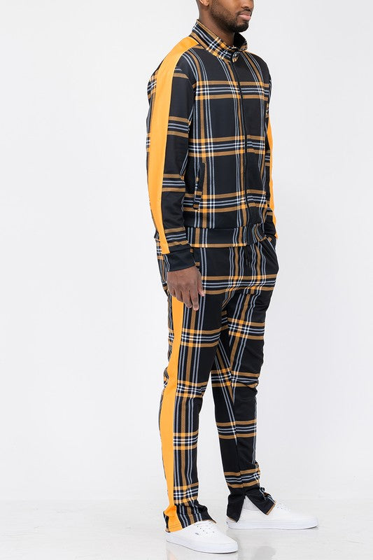 PLAID CHECKERED FULL ZIP TRACK PANTS SET