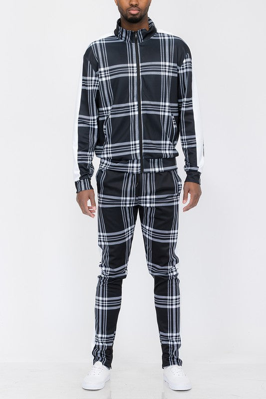 PLAID CHECKERED FULL ZIP TRACK PANTS SET