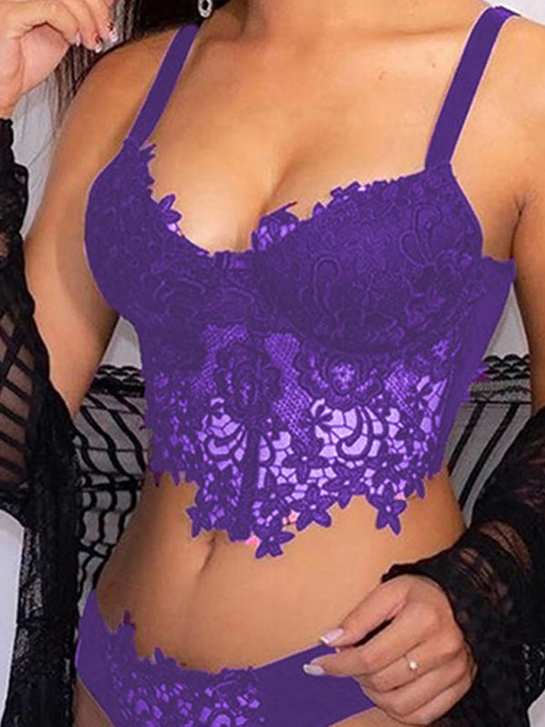 Spaghetti Straps Crochet Lace Hollow Out Bra Thong Lingerie Set