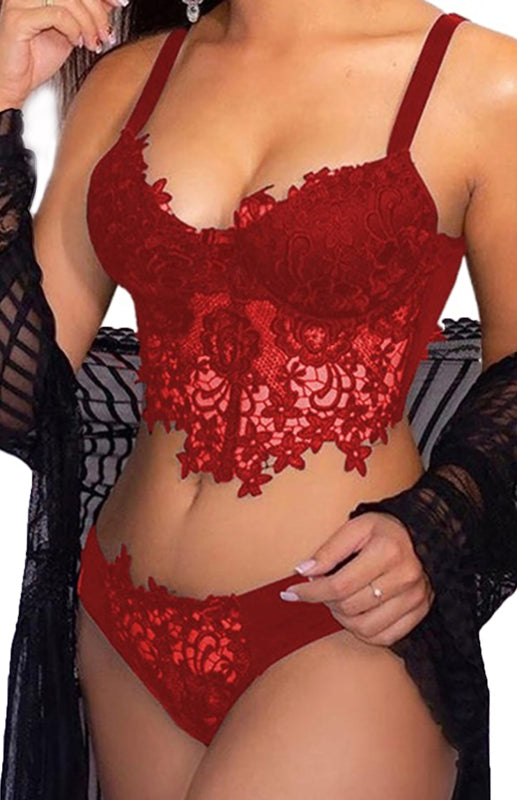 Spaghetti Straps Crochet Lace Hollow Out Bra Thong Lingerie Set