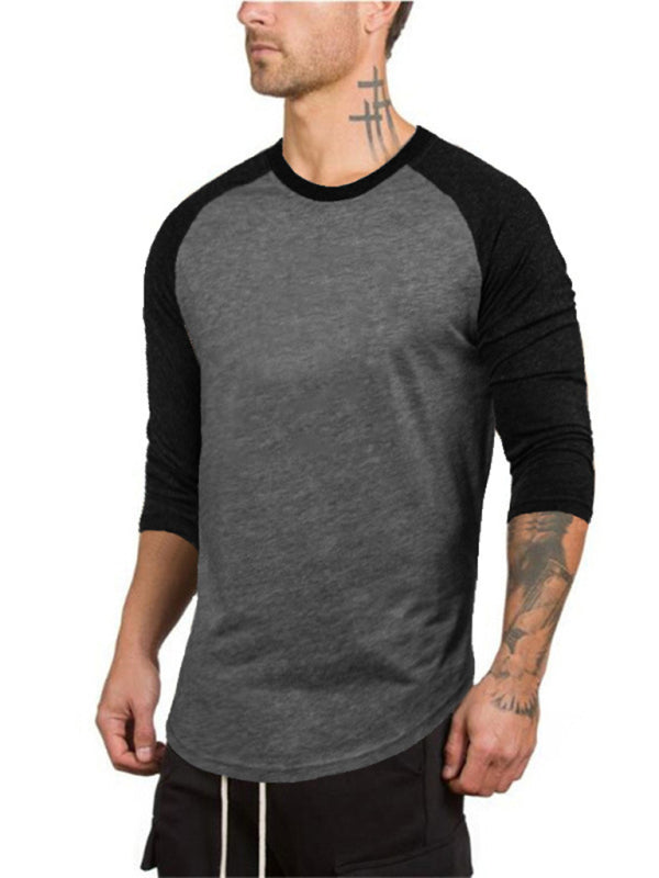 Men's Slim Three-quarter Sleeves Raglan T-Shirt Round Neck Contrasting Color Sports