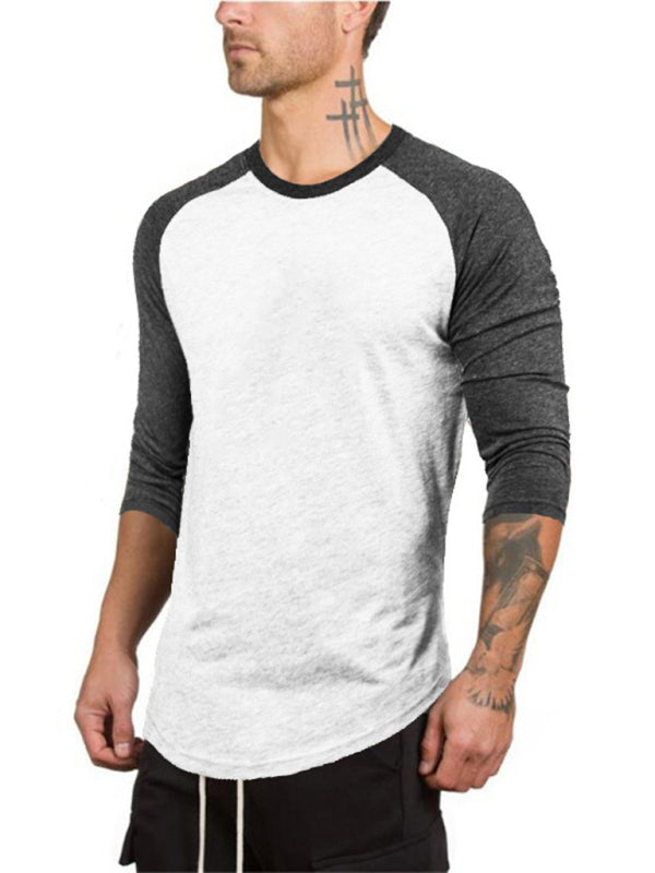 Men's Slim Three-quarter Sleeves Raglan T-Shirt Round Neck Contrasting Color Sports