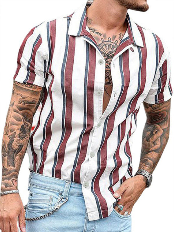 Casual striped slim-fit lapel cotton thin youth short-sleeved lapel shirt cardigan