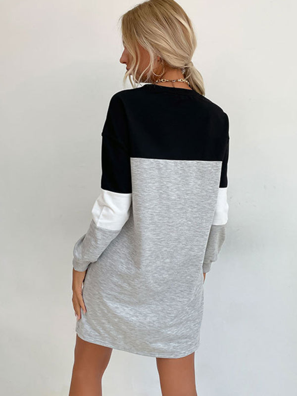 Fashion women's long sleeve color block sweatshirt dress