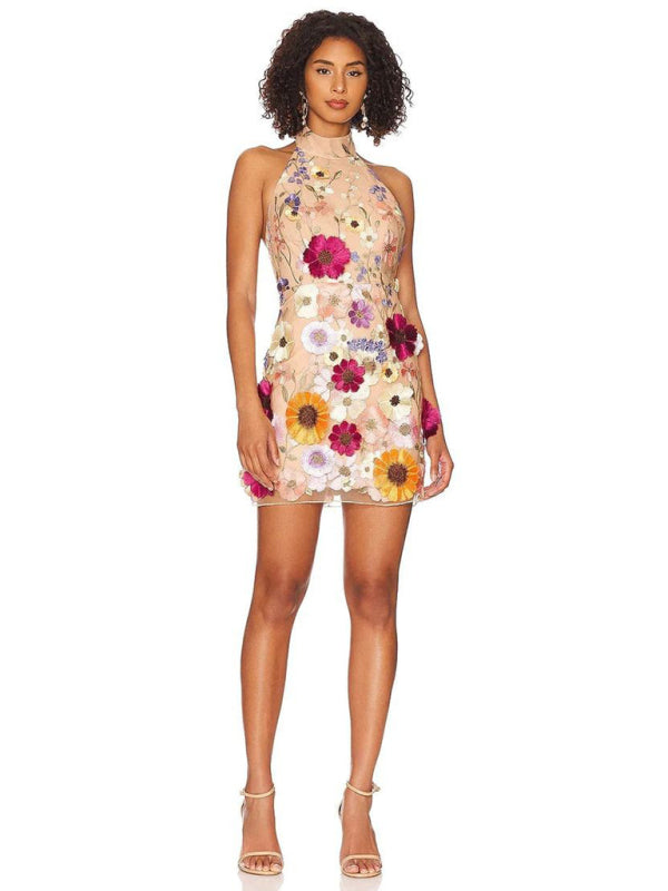 New women's embroidered three-dimensional flower halter neck slim dress small dress