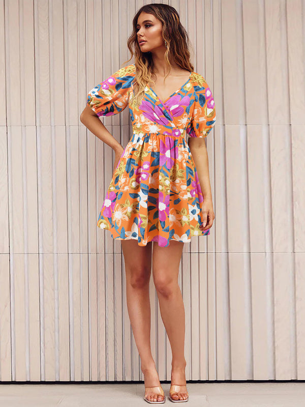 New V-neck printed beach skirt lantern sleeve short dress