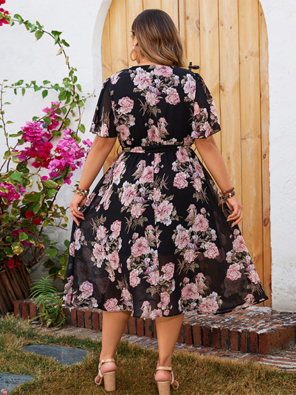 Plus size women's V-neck fluttering sleeves waisted floral floral dress