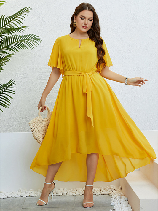 Plus size women's yellow V-neck strappy waist dress