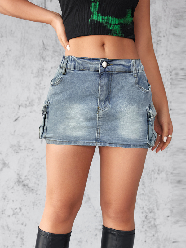 New denim skirt women's summer retro elastic tight workwear pocket hip skirt