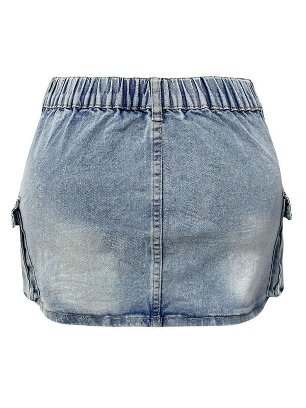 New denim skirt women's summer retro elastic tight workwear pocket hip skirt