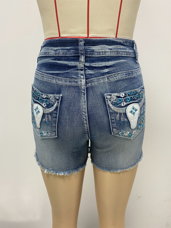 New American retro embroidered slim fit raw edge denim shorts