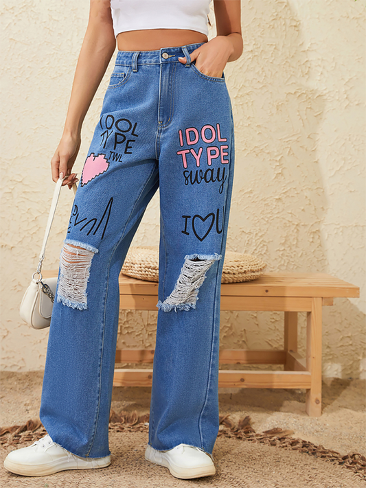 Pink love letter graffiti print street retro loose ripped raw edge denim trousers