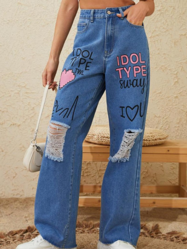 Pink love letter graffiti print street retro loose ripped raw edge denim trousers